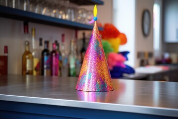 Poster - bright colored party hat on metal bar countertop