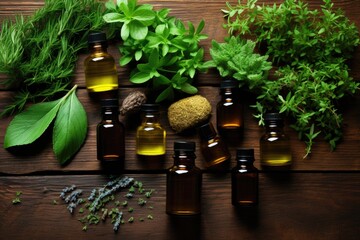 Poster - a setup of essential oil bottles with aromatic plants next to them