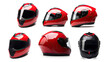 © tong2530 - Set collection of red motorcycle carbon integral crash helmet isolated on white background. Generative Ai