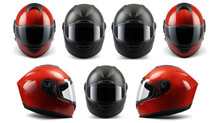 Set Collection Of Red Motorcycle Carbon Integral Crash Helmet Isolated On White Background. Generative Ai
