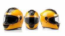 Set Collection Of Yellow Motorcycle Carbon Integral Crash Helmet Isolated On White Background. Generative Ai