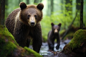 Wall Mural - a bear cub following its mother through the forest