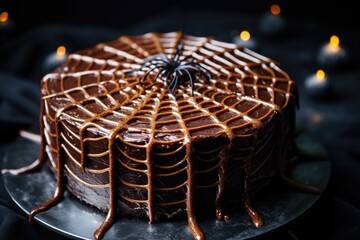 Poster - close-up of a homemade chocolate spider web cake