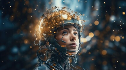 Wall Mural - A woman wearing a helmet and looking up, AI