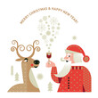 Santa Claus's reindeer and Santa Claus. Christmas and New Year Greeting card.