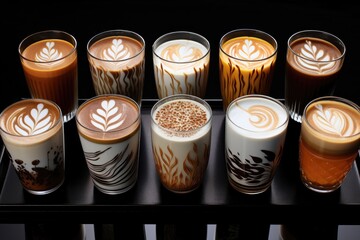 Poster - display of a variety of coffee latte art