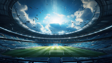 Wall Mural - Big football stadium grass field and blank playground and grandstand over cloudy sky and paper falling down to ground. Illustration. AI Generative. concept of sport, championship, world cup, match.