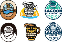tiki bar and cafe logos with a mascot character on a tropical beach. Sunset, water trees give a Lagoon vibe and summer times. best for a restaurant or coffee place.