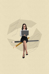 Aufkleber - Picture collage of beautiful professional reviewer writing feedback using netbook isolated on drawing beige color background