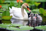 pair of swans shielding baby cygnets near water lilies