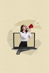 Aufkleber - Image collage sketch of arm hold modern netbook gadget funny girl on monitor announcing news isolated on drawing beige color background