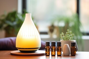 Poster - aromatherapy diffuser with bottles of medication in the background