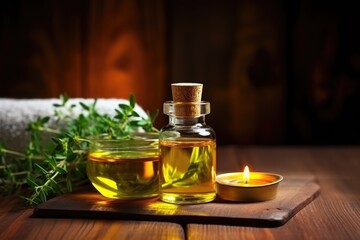 Poster - natural essential oils next to a burning aroma candle on a spa table