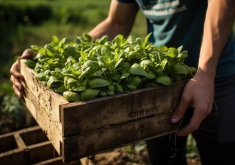 Young farmer with freshly picked Spinach in basket. Hand holding wooden box with vegetables in field. Fresh Organic Vegetable. AI Generative.