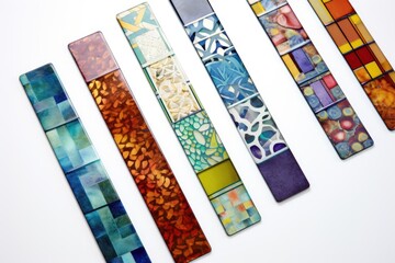 array of colorful bookmarks arranged on a white background