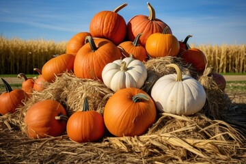 Poster - pile of varied pumpkins on a hay bale