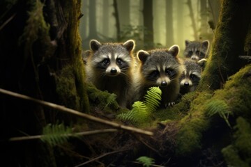 Wall Mural - a family of raccoons exploring a forest