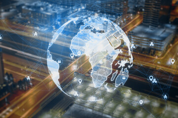 Poster - Creative glowing polygonal globe hologram with icons on blurry night city background. Global technology and internet concept. Double exposure.