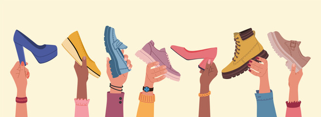 Diverse multiracial hands holding modern shoes different models and colors. Hand drawn vector illustration isolated on brown background. Flat cartoon style.