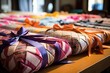 homemade quilts rolled and tied with ribbons for charity offering