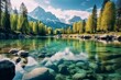 Landscape of forests, mountains, and lake with clear water. Spring, nature awakening. Generative AI