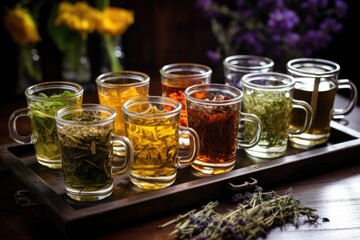 Poster - an assortment of herbal teas in glass mugs on a tray