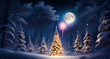 Fantasy winter landscape with snowy fir trees and big full moon.