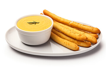 Sticker - Couple of artisanal breadsticks and beer cheese dip isolated on white background 