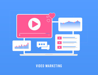  - Video Marketing strategy. Leverage AI Technology, targeted programmatic marketing, Native social advertising. Commercials or Social Content Videos Vector illustration isolated on blue background.