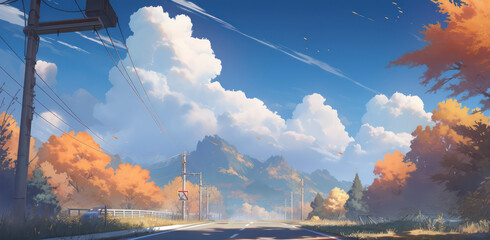 Poster - Beautiful aumtumn season landscape with beautiful sky in digital art painting style 