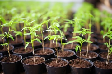 Canvas Print - chili pepper seedlings in small pots, ready for planting in the farm field