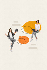 Aufkleber - Vertical creative composite illustration photo collage of happy colleagues working on laptops solving tasks isolated on painted background