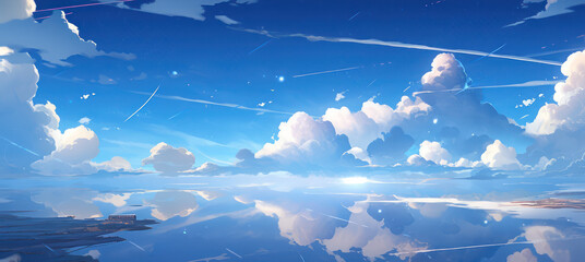 Wall Mural - Beautiful sky with blue ocean wallpaper background in digital art painting style 
