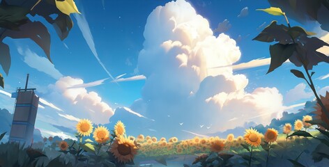 Poster - Beautiful big sunflower landscape view with beautiful sky in digital art painting concept style 