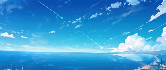 Wall Mural - Clear sky with beautiful blue ocean illustration,anime art style,digital art painiting art concept style 