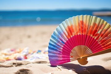 Poster - close-up of a hand fan next to a colorful cocktail on a beach table