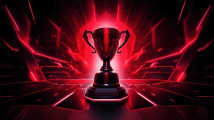 E-Sports winner trophy with red neon lights blurred background.