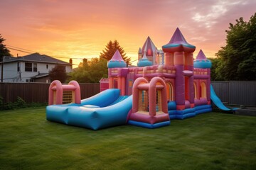 empty inflatable bounce house in a backyard at sunset