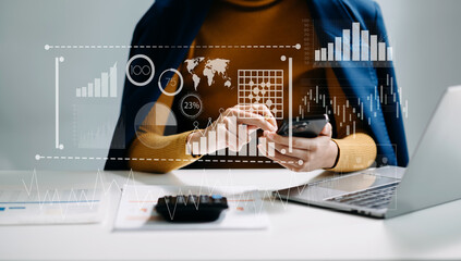 Wall Mural - data management system with business analytics concept. business team hands working with provide inf