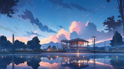 Wall Mural - Lake view with evening sky in digital art painting style 