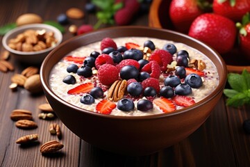 Sticker - a bowl of oatmeal with fresh berries and nuts