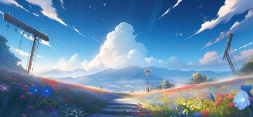 Wall Mural - Beautiful sky with flowers field in digital art painting style 