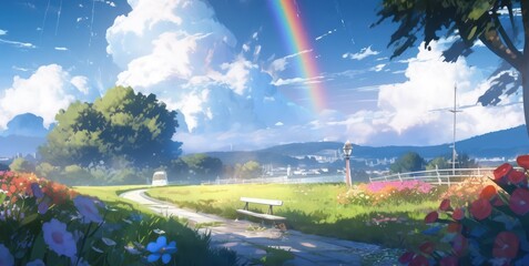 Wall Mural - Rainbow with beautiful sky and land of fantasy in digital painting art illustration style,Rainbow with landscape 