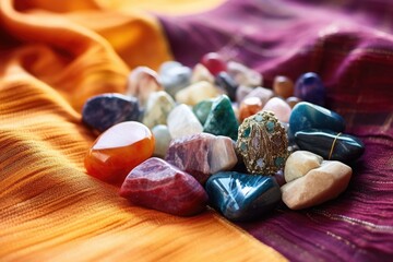 Poster - natural healing stones arranged on a colorful cloth