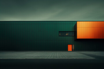 Poster - dark green and orange style modern minimalist style cube shape building exterior