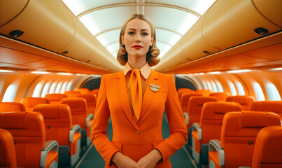 Air hostess in vintage orange airplane cabin. 1960 retro vibe. Generative AI