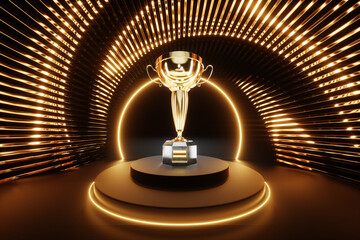 Gold award, winner's cup on the podium against a background of golden decorations. Concept winner, award, competition, show, competition, black and gold luxury style. 3D illustration, 3D render.