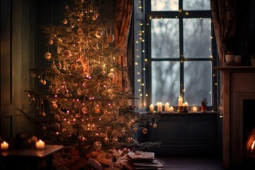 Wall Mural - christmas tree lit by twinkling fairy lights