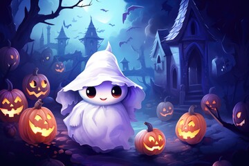 Mystery cute ghost with halloween background. Generative AI