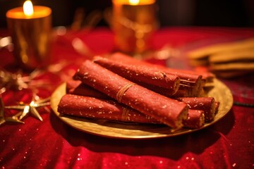 crackers with sparkly gold wrappers, on a red tablecloth